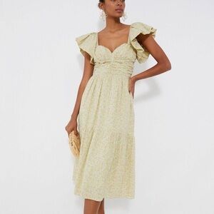 Hyacinth House Sweetheart Shae Ruffle Sleeve Floral Yellow + Green Midi Dress Sm